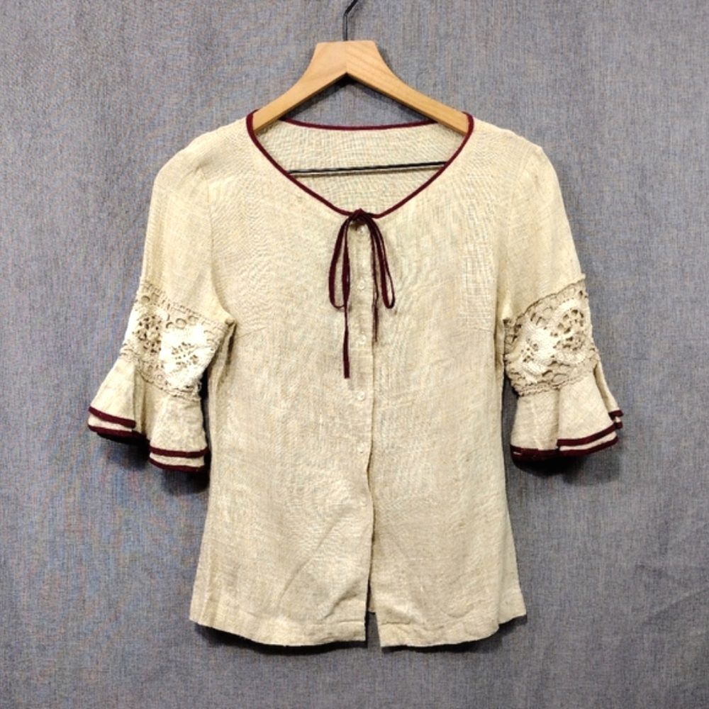 Vintage Linen Babydoll Top Women's P Cream Boho Retro 90s Y2K